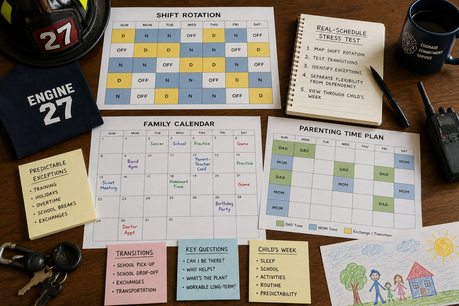 Real-Schedule Stress Test for a firefighter custody and parenting plan