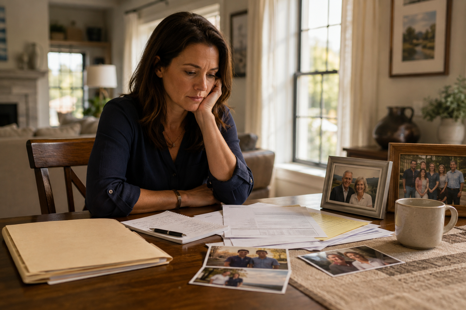 Adult daughter reviewing family records after the death of a parent