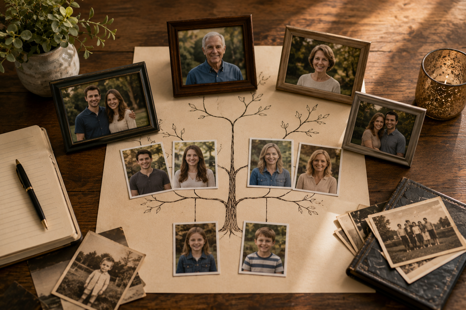 Family photographs arranged around a family tree representing a blended family