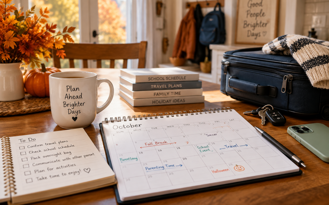 Fall-themed desk with a mug reading 'Plan Ahead Brighter Days', October calendar, to-do notebook, stacked books, pumpkin and autumn bouquet, and a backpack nearby.