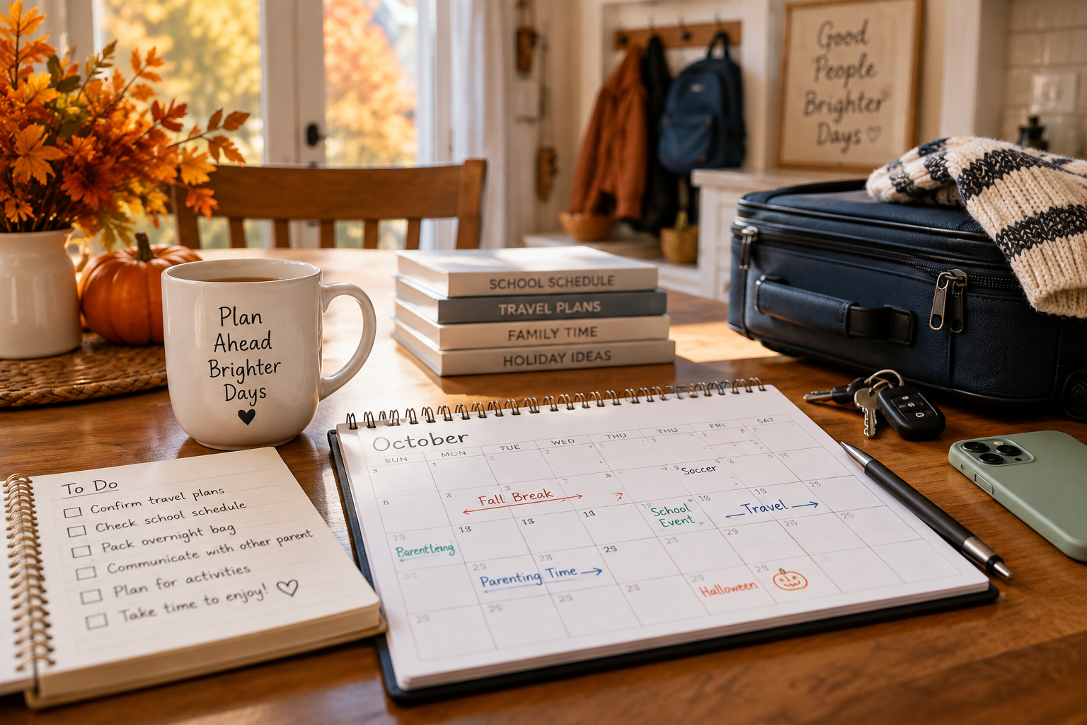 Parent planning ahead for a Texas holiday custody schedule with a calendar, school schedule, and travel details