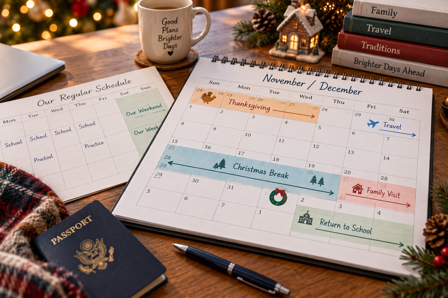 Holiday parenting calendar showing how Thanksgiving and winter break can differ from a regular parenting schedule