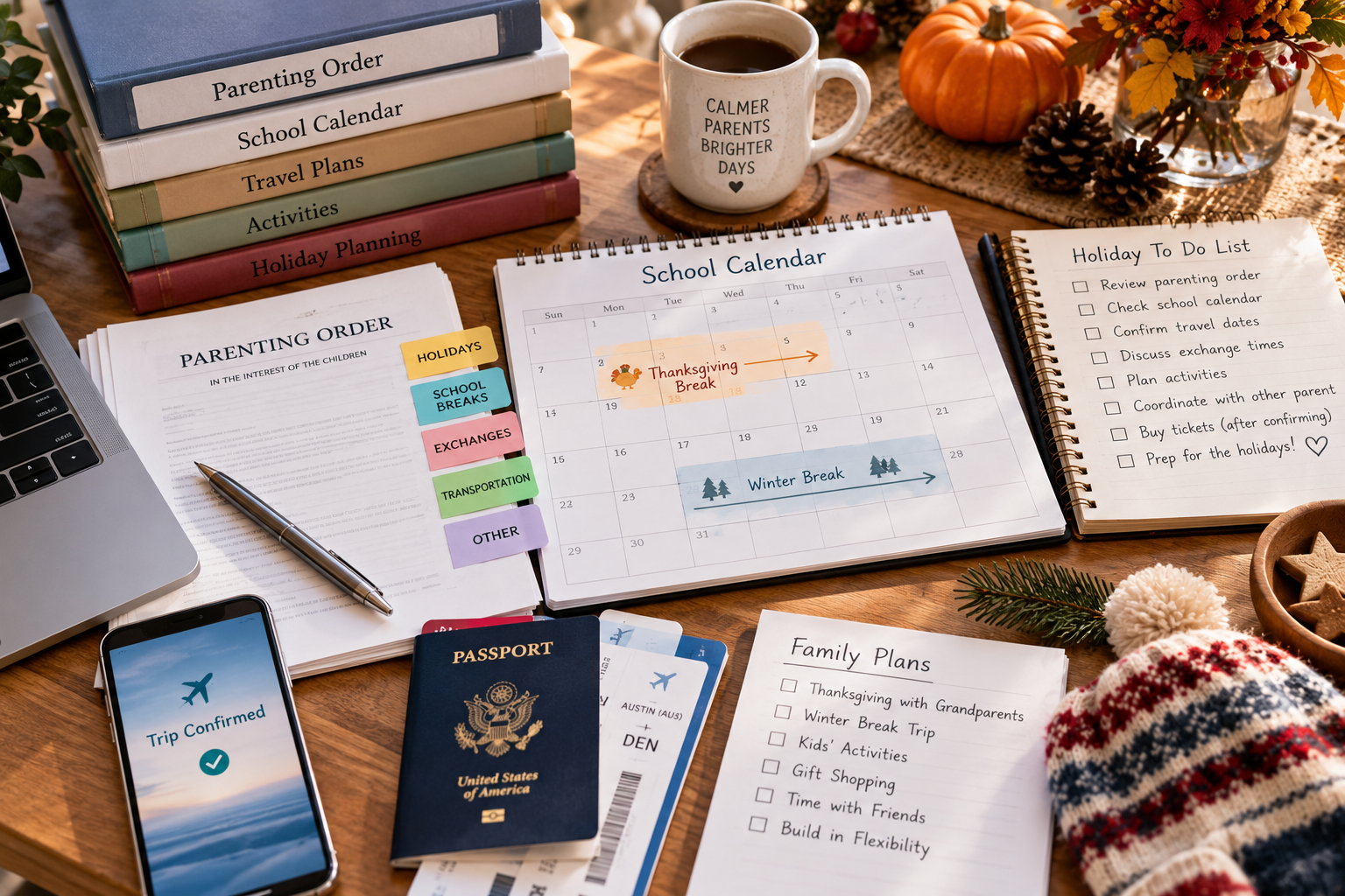Parenting order, school calendar, travel plans, and holiday schedule organized together for early planning