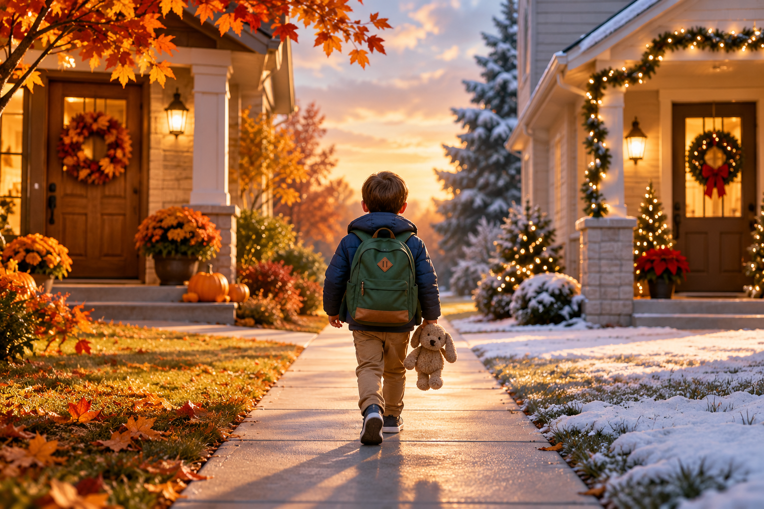 Child moving between two welcoming homes during the holiday season with a clear and predictable parenting schedule