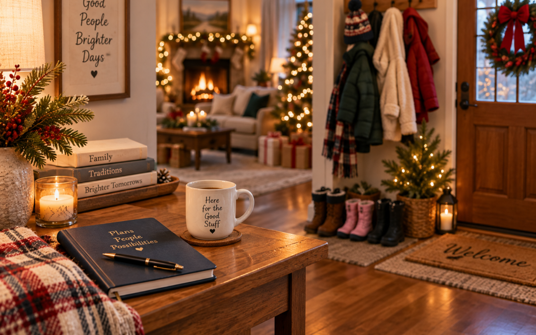 Cozy Christmas living room with a lit fireplace, Christmas tree, and wrapped gifts in the background.