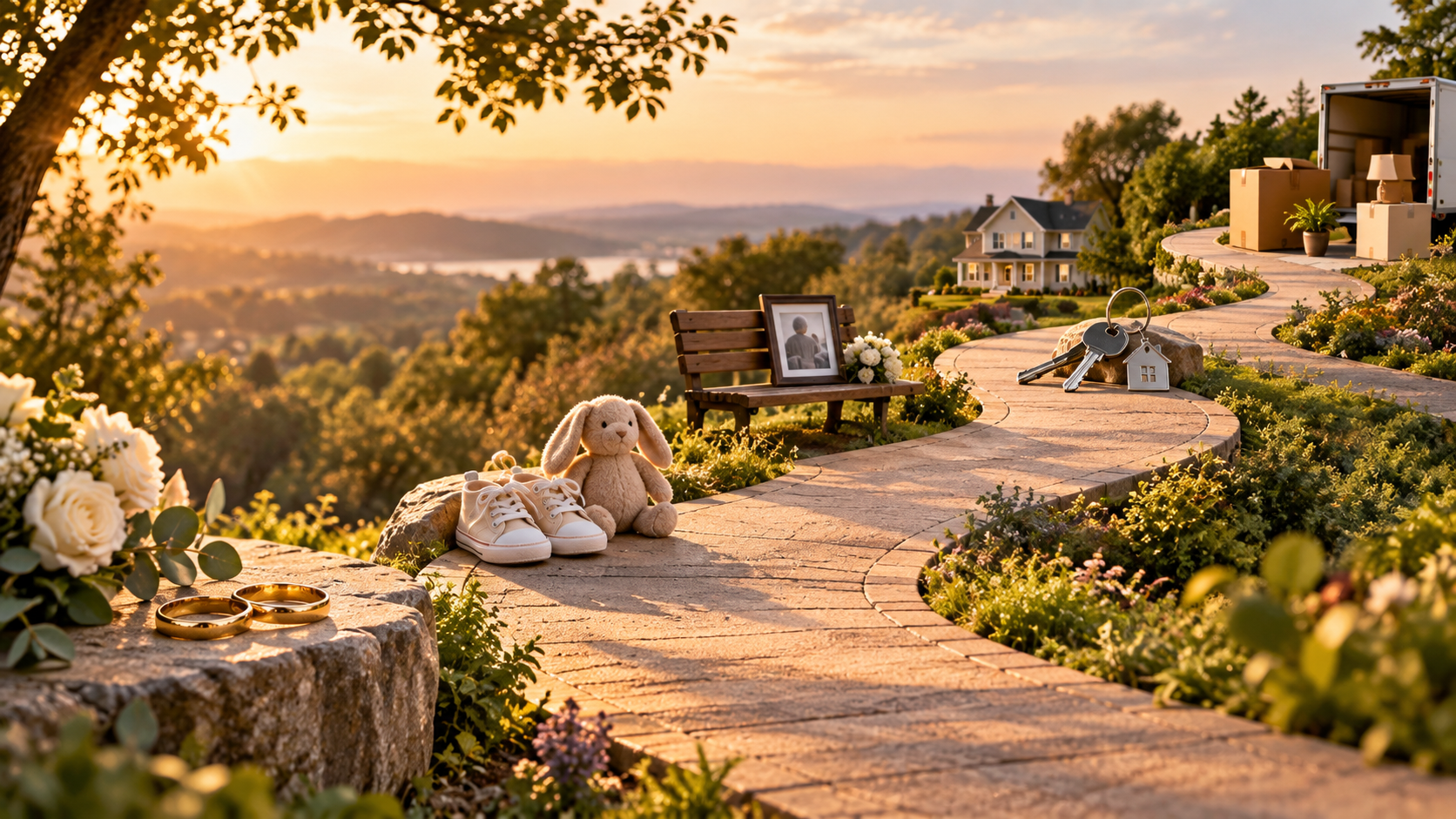 Winding path with symbols of marriage, children, loss, homeownership, and moving, representing life events that may trigger an estate plan review