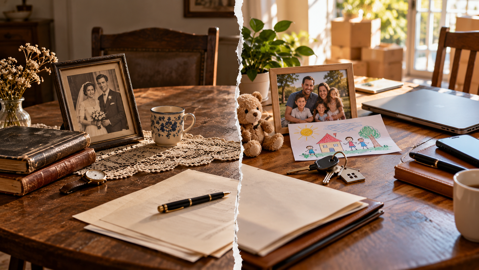 Past and present family life shown side by side, representing how an older estate plan can stop matching current circumstances