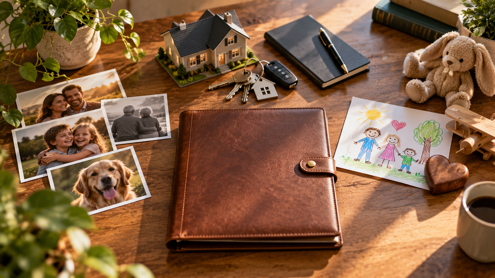 Family photographs, property keys, home, and personal keepsakes arranged around a planning portfolio, representing people, property, and priorities