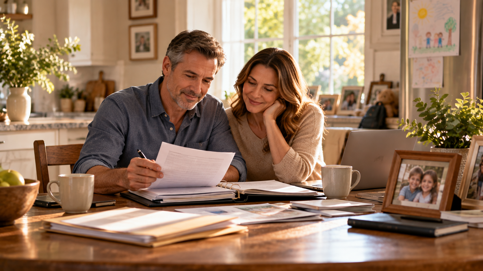 Couple calmly reviewing organized family documents at home, representing clarity after an estate plan review