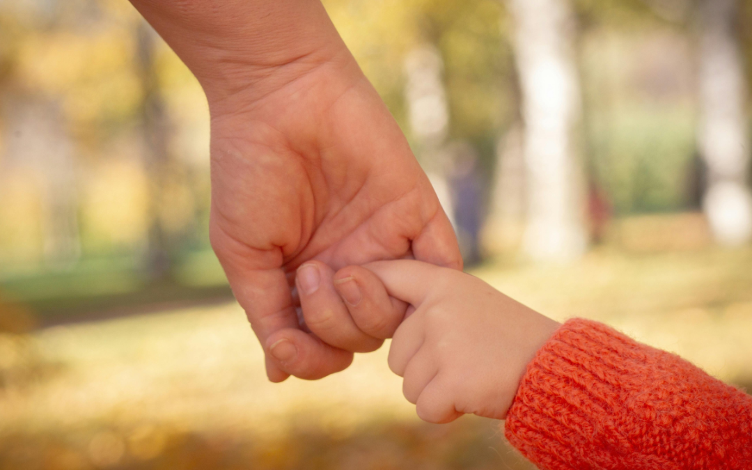 Adult hand gently holds a child's hand in a park during autumn leaves fall season.