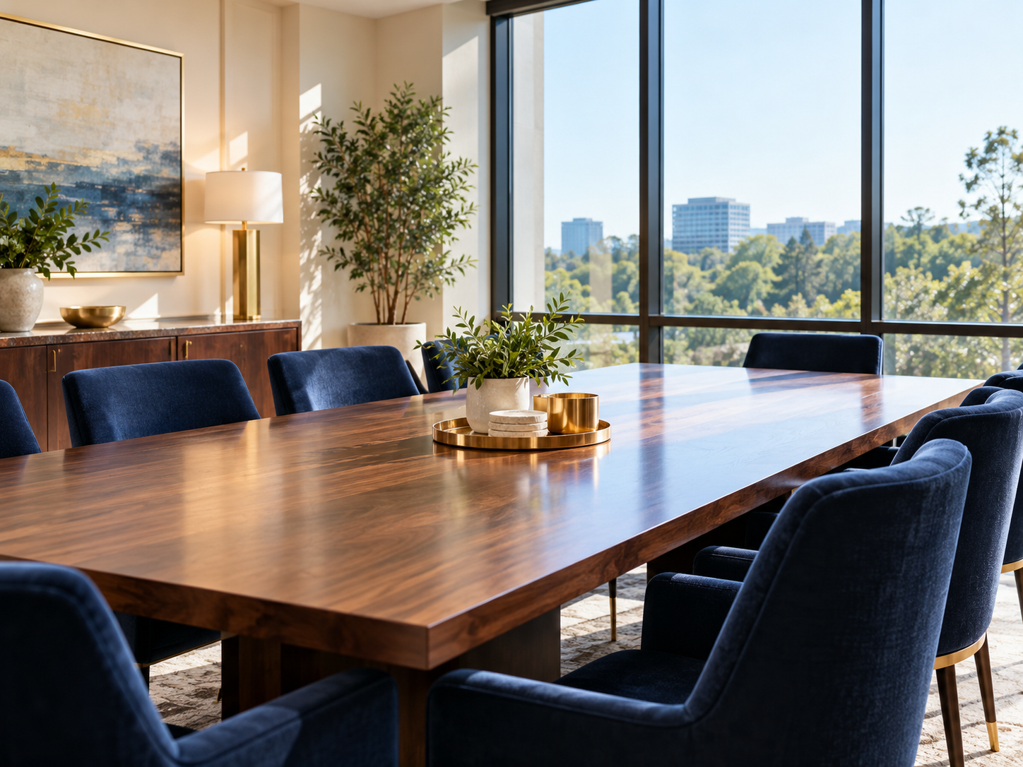 Sunlit conference room with a professional, welcoming design