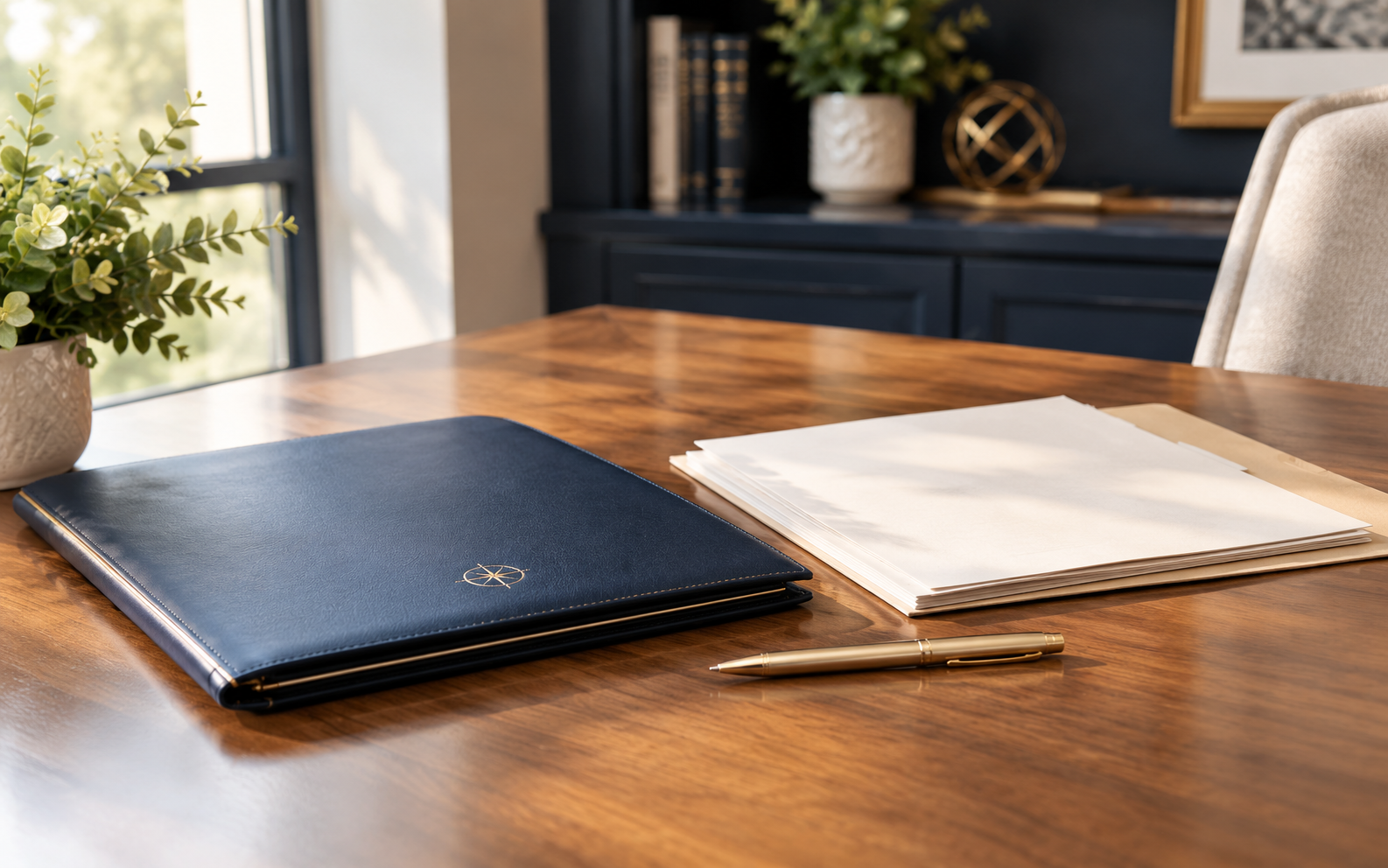 Organized legal documents, navy portfolio, and gold pen in a professional office