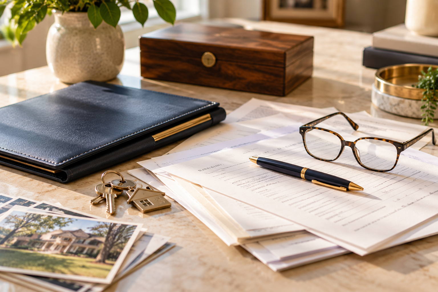 Important estate documents and house keys on a desk.