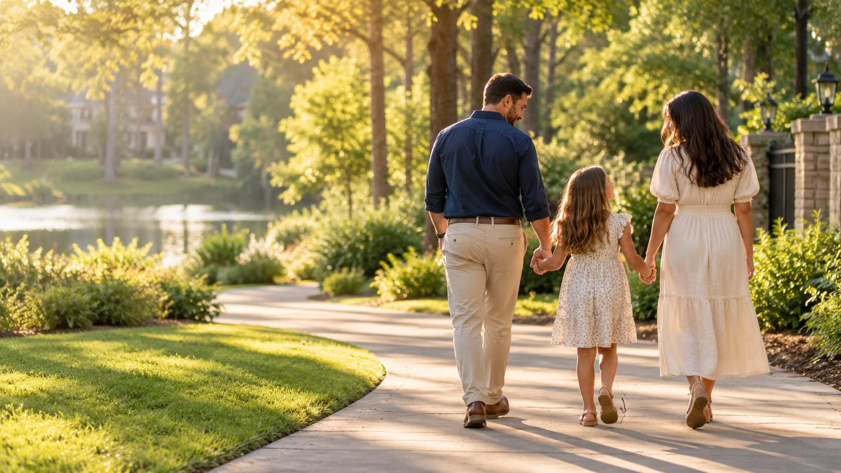 Family walking together beside a lake at golden hour