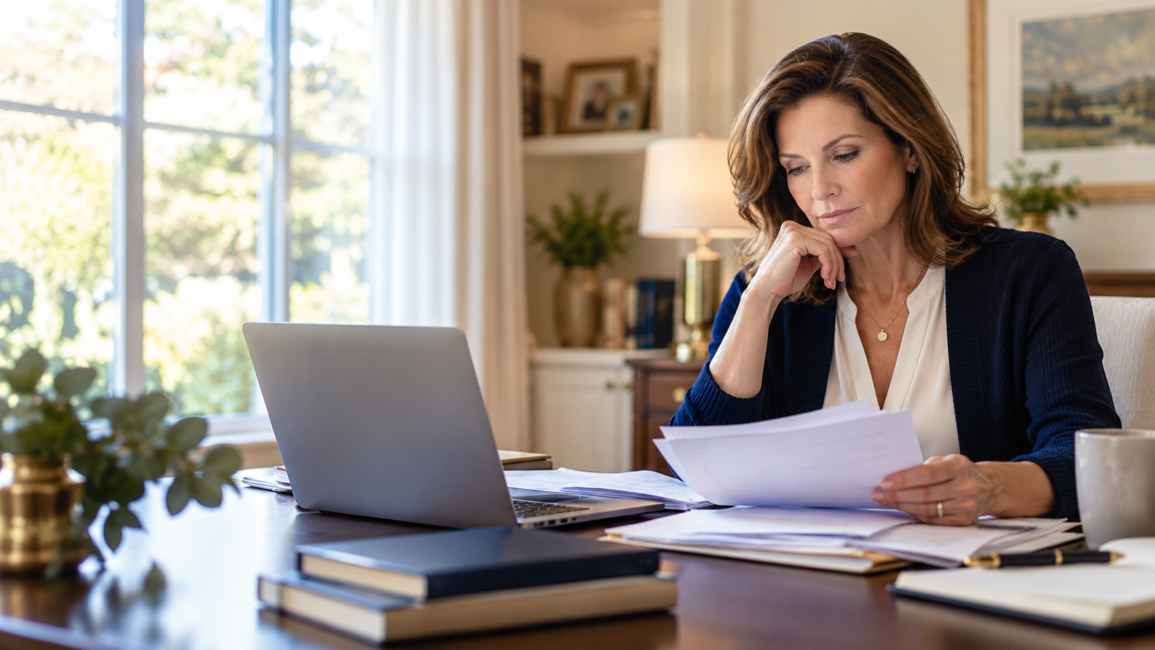 Woman reviewing important documents at home.